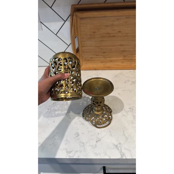 Reticulated Brass Pedestal Candle Holder Vintage Mid-Century Gothic Brass Decor - Picture 8 of 12